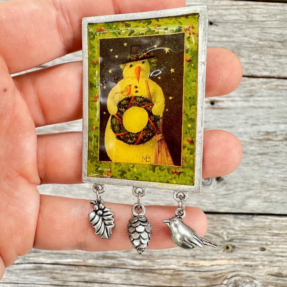 Vintage Jewelry Snowman Brooch with Dangling Charms Winter Jewelry Pin